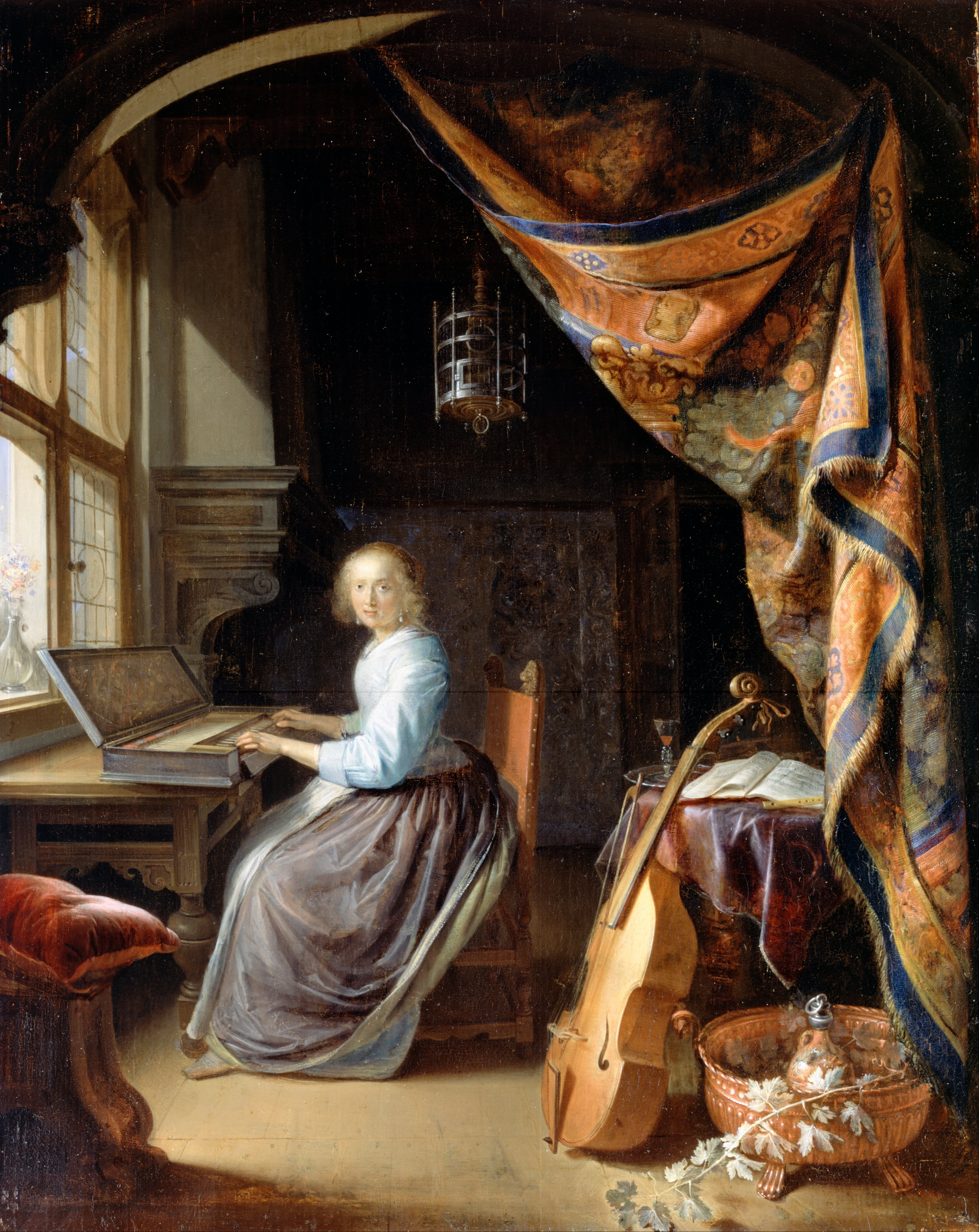 Woman playing a clavichord, Gerrit Dou